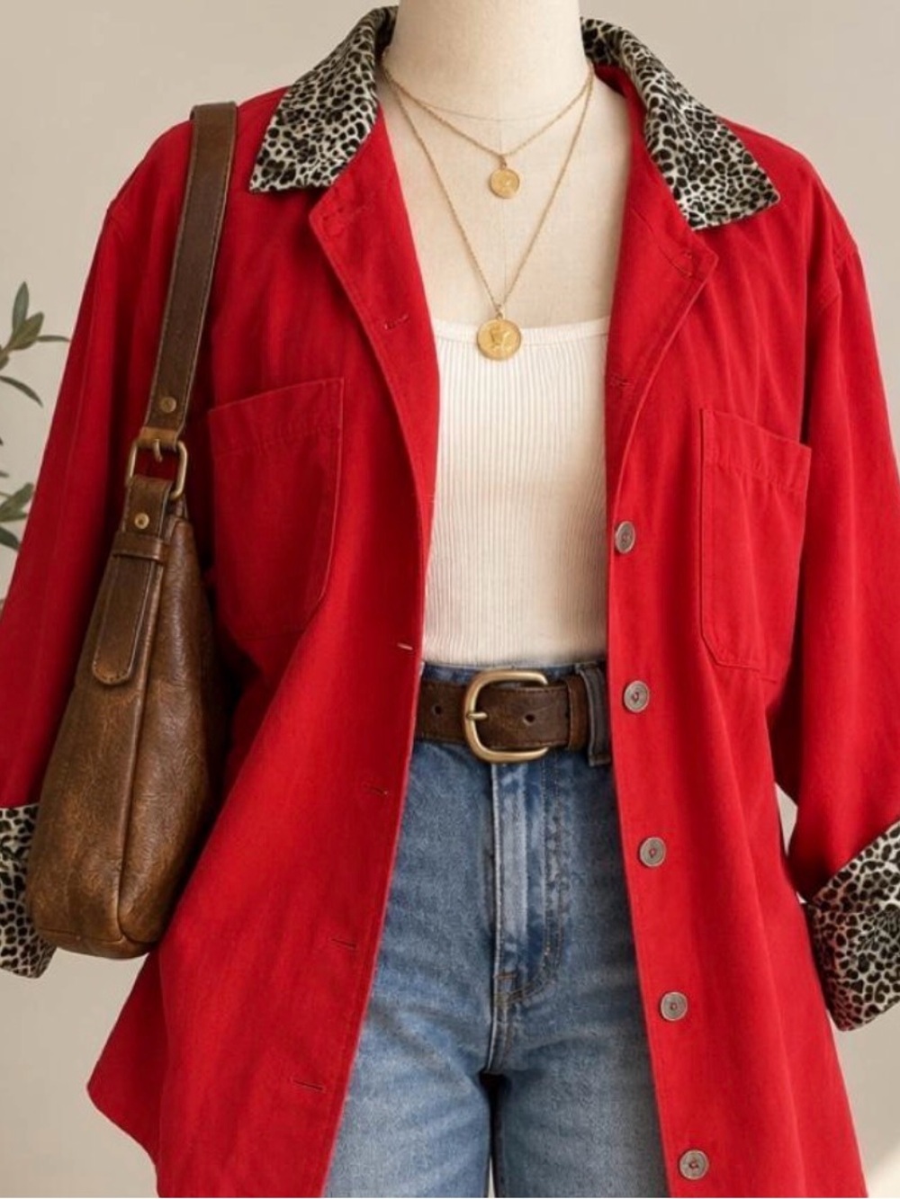 Red Leopard-Trim Button Front Jacket - Picture 2 of 5